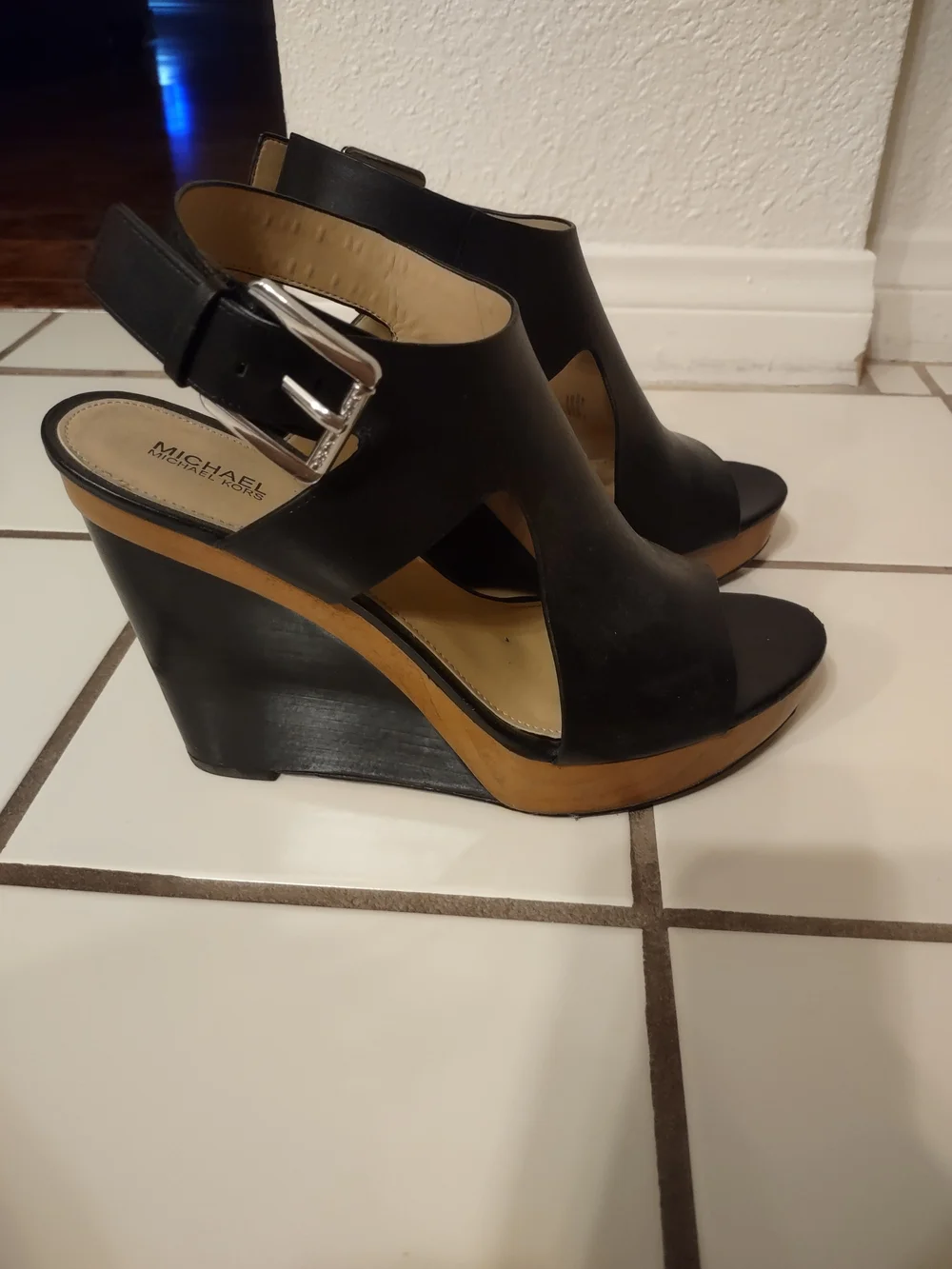 Micheal Kors Women’s Black Open-Toe Platform Sandals with Ankle Buckle